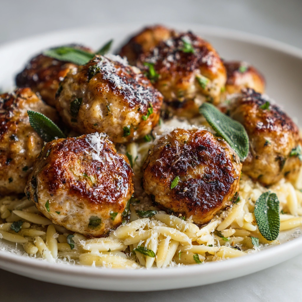 Baked Sage Chicken Meatballs with Parmesan Orzo Delight!