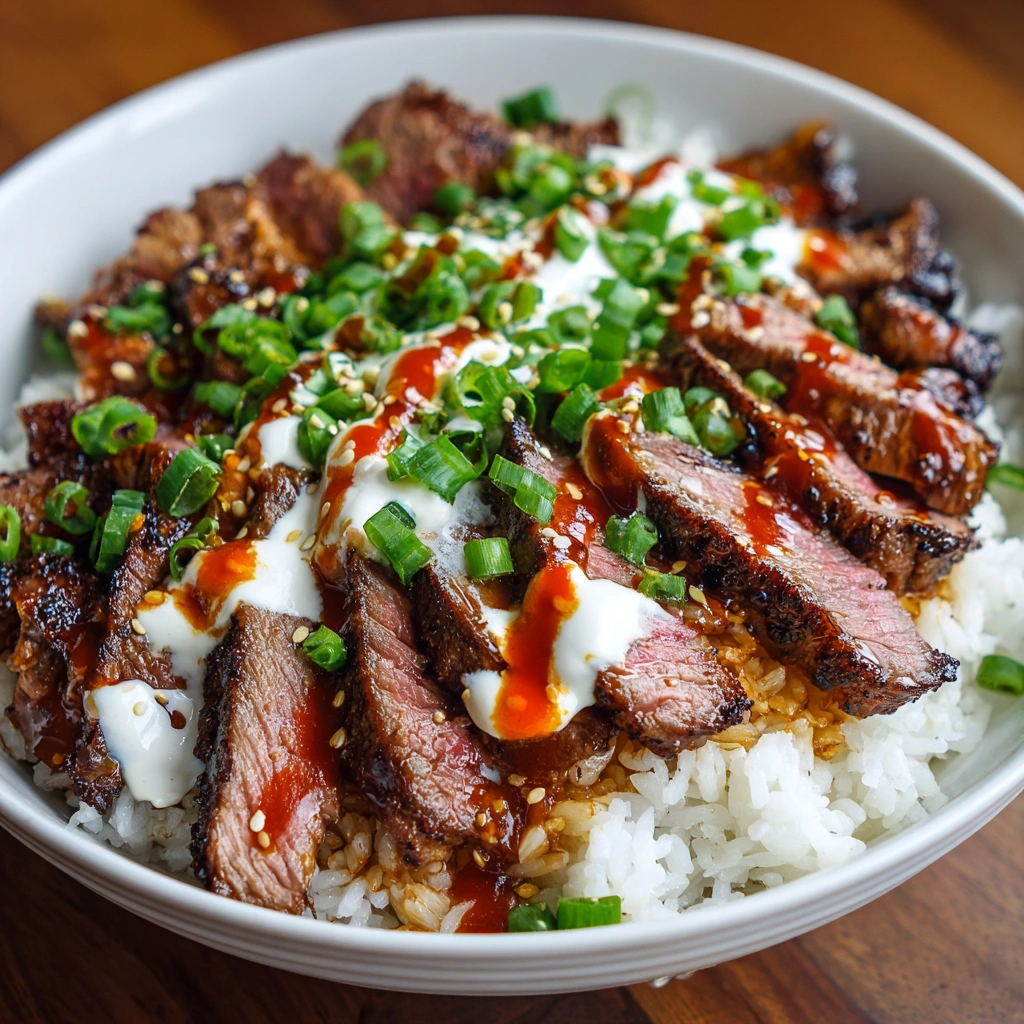 Korean BBQ Steak Rice Bowls with Spicy Cream Sauce Delight!