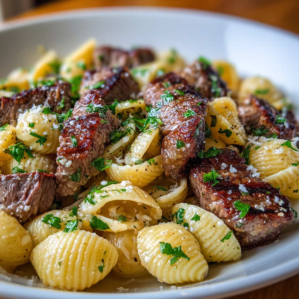 Steak Bites and Shell Pasta in Garlic Butter Alfredo Sauce: A Delicious Duo!