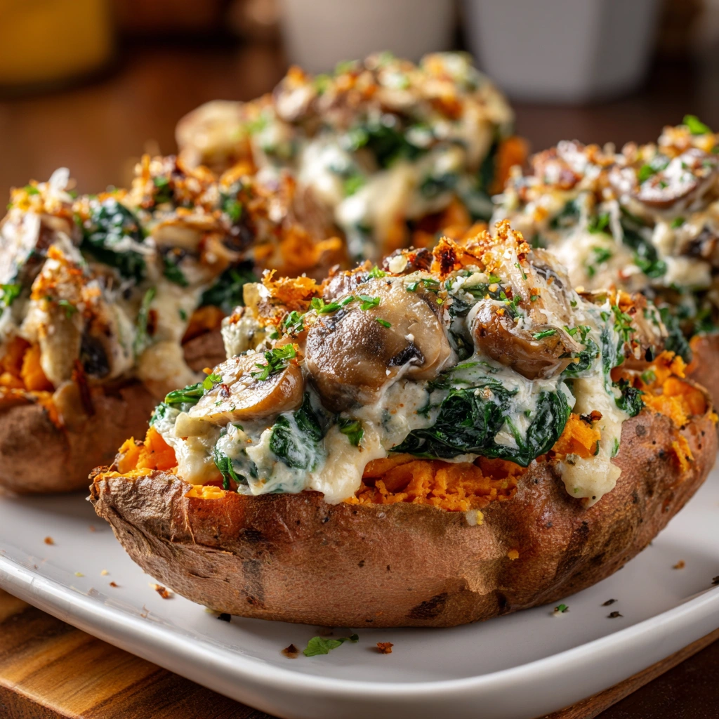 Creamy Mushroom and Spinach Stuffed Sweet Potatoes Delight!