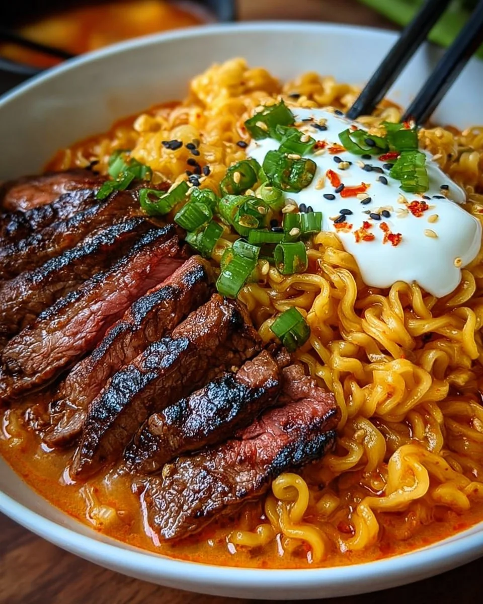 Spicy Korean Ramen with Grilled Beef &amp; Creamy Sauce