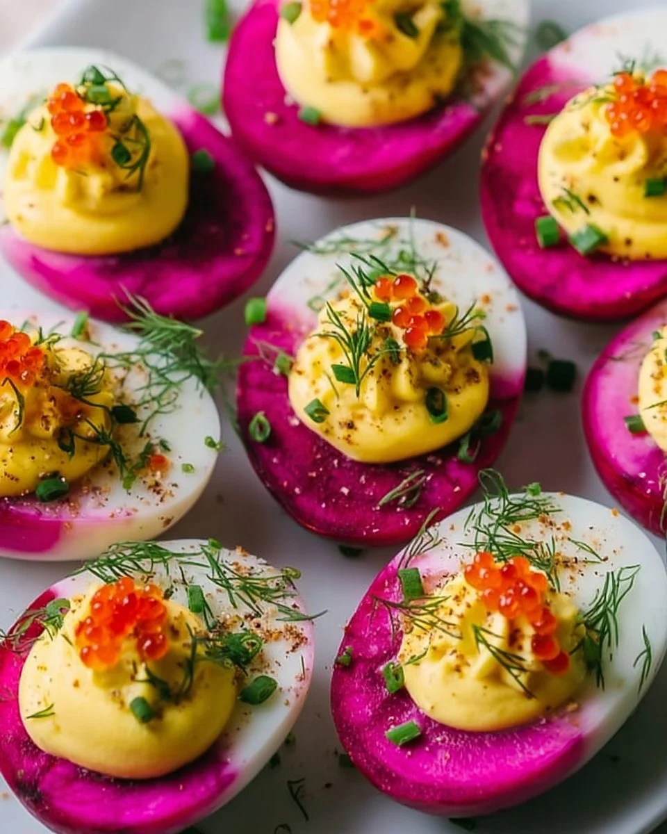 Vibrant beet dyed deviled eggs served on a decorative plate