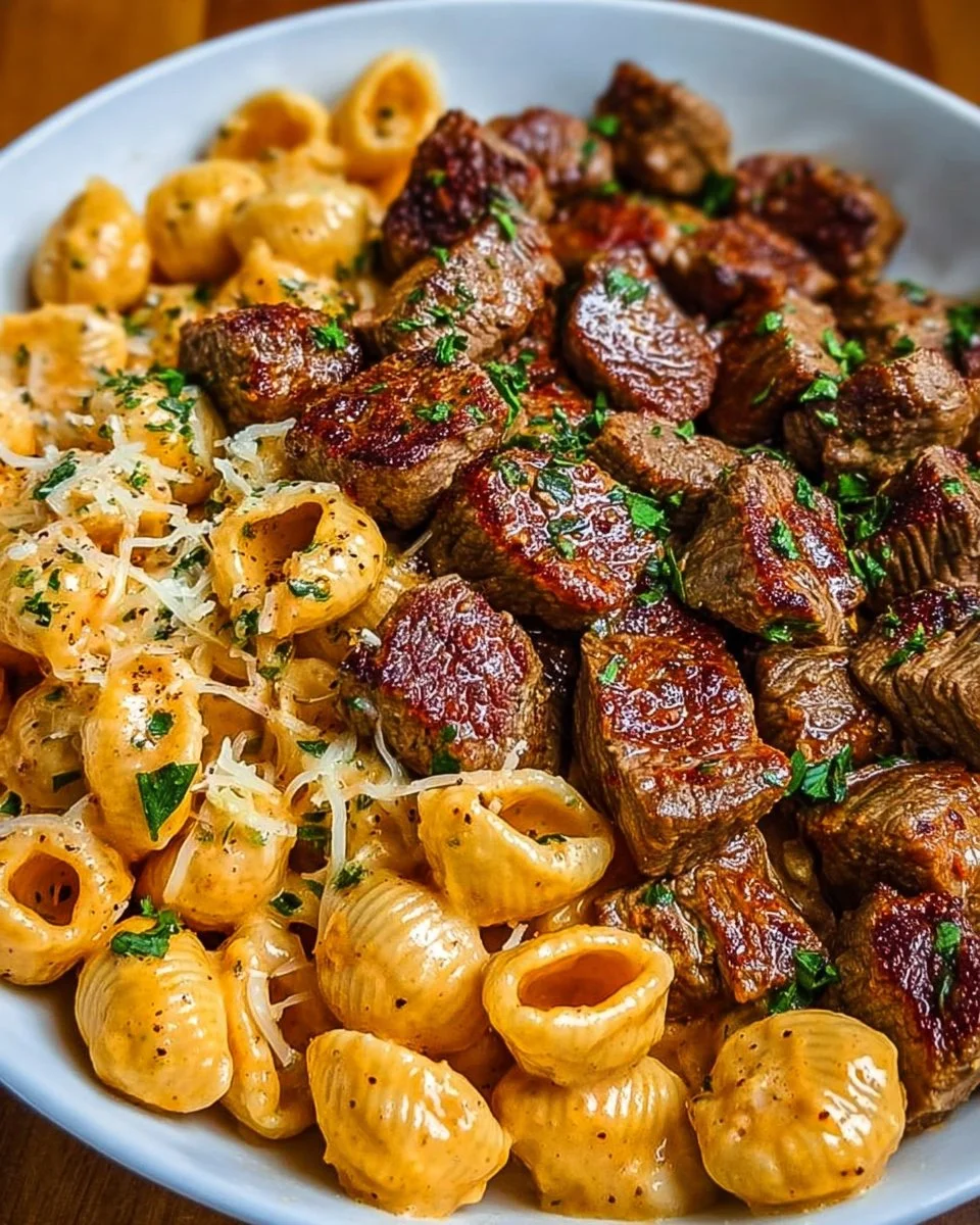 Cajun Steak Bites with Cheesy Garlic Pasta