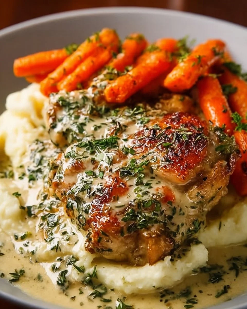 Creamy Herb Chicken with Mashed Potatoes and Honey Glazed Carrots