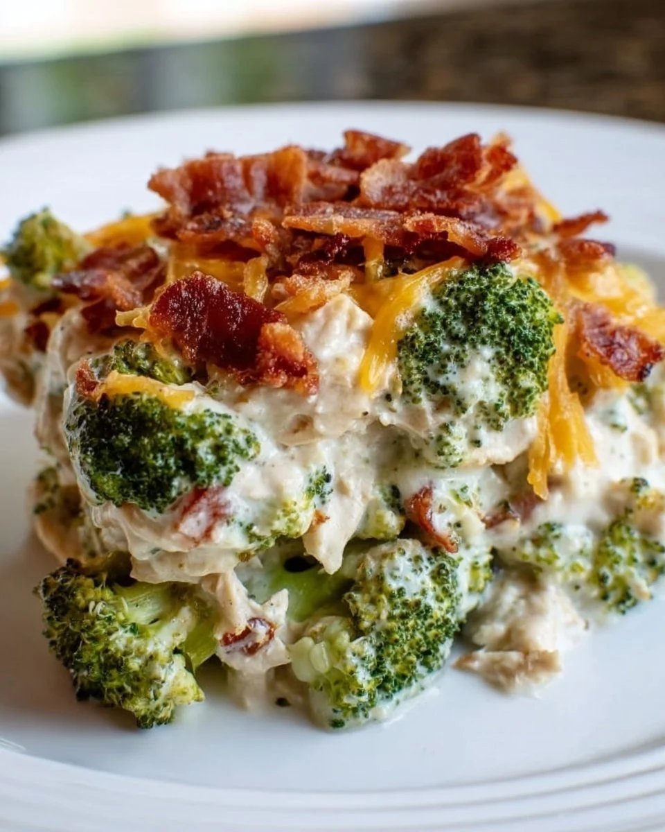 Creamy Low Carb Chicken Casserole with Broccoli and Bacon