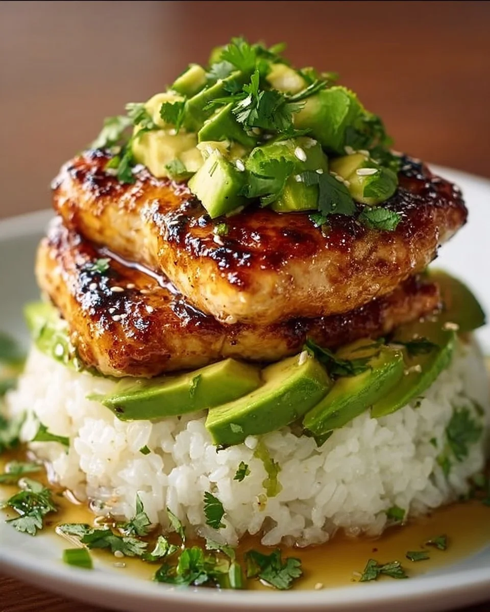 Delicious Honey Lime Chicken &amp; Avocado Rice Stack Recipe