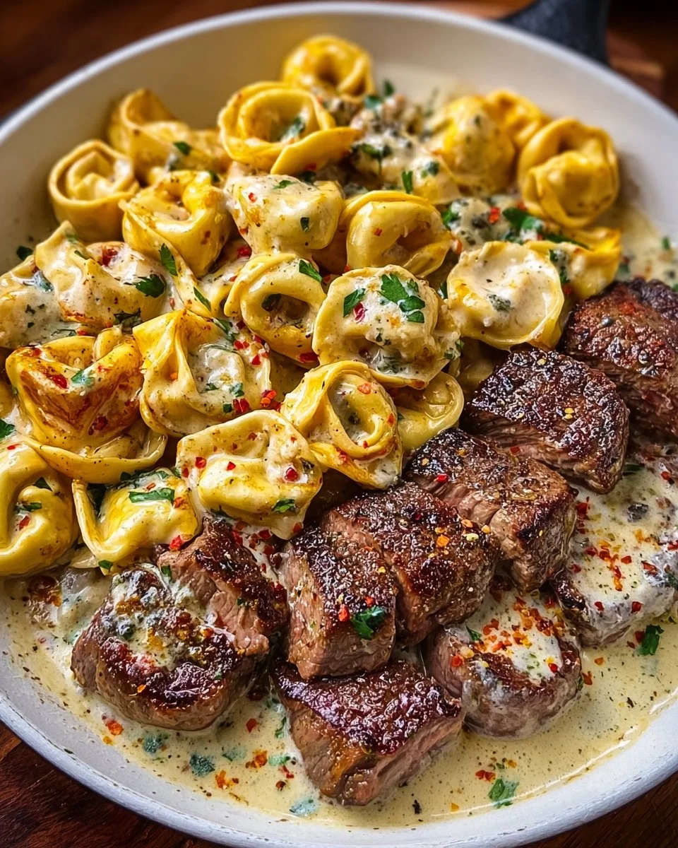 Garlic Steak &amp; Cheese-Filled Tortellini Skillet Bliss
