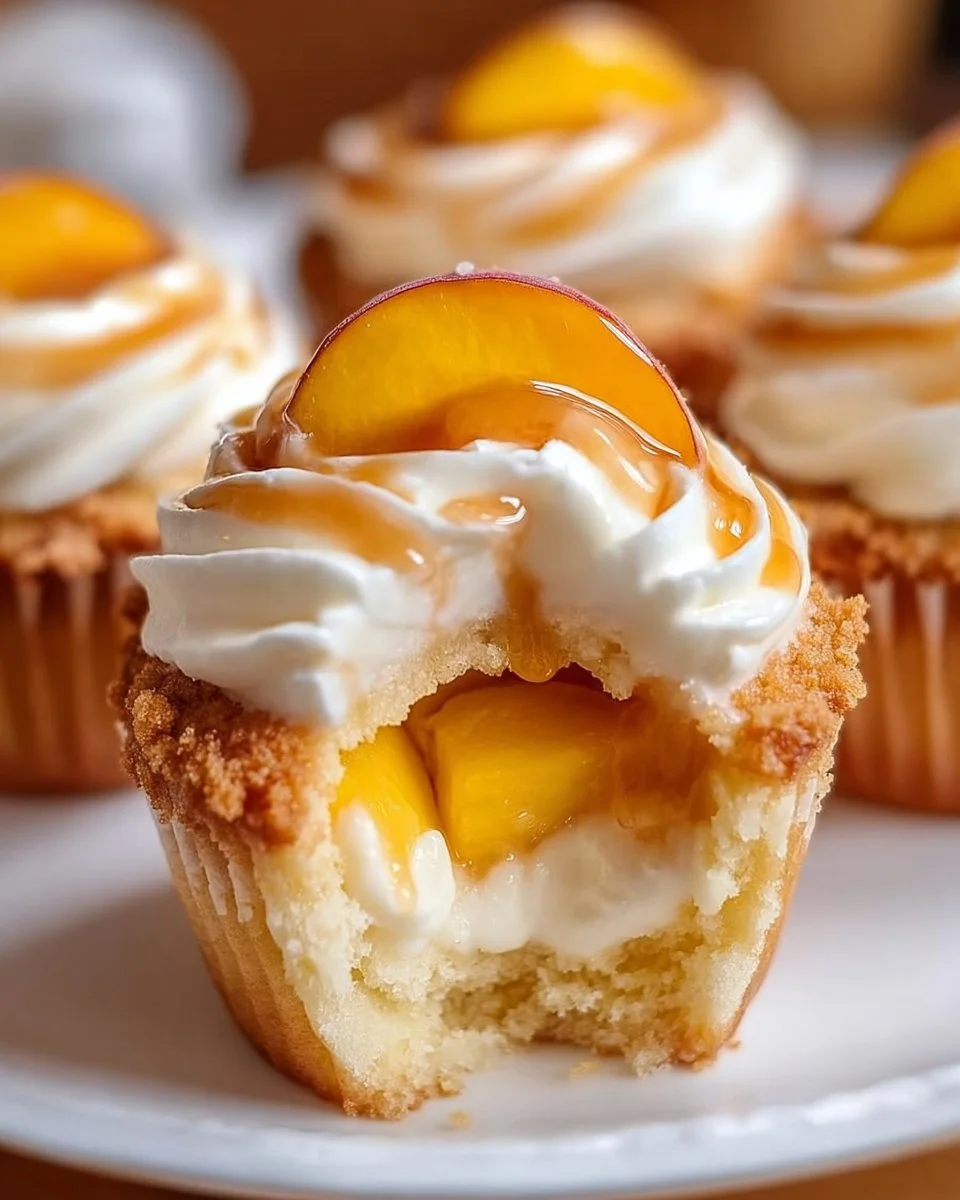 Honey Peach Cream Cheese Cupcakes topped with peach slices and cream cheese frosting.