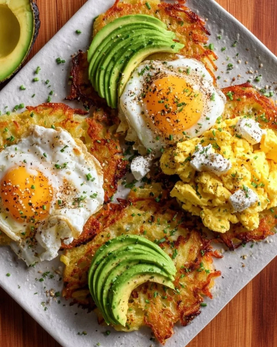Loaded Hash Browns with Scrambled Eggs, Avocado, and Cottage Cheese Recipe