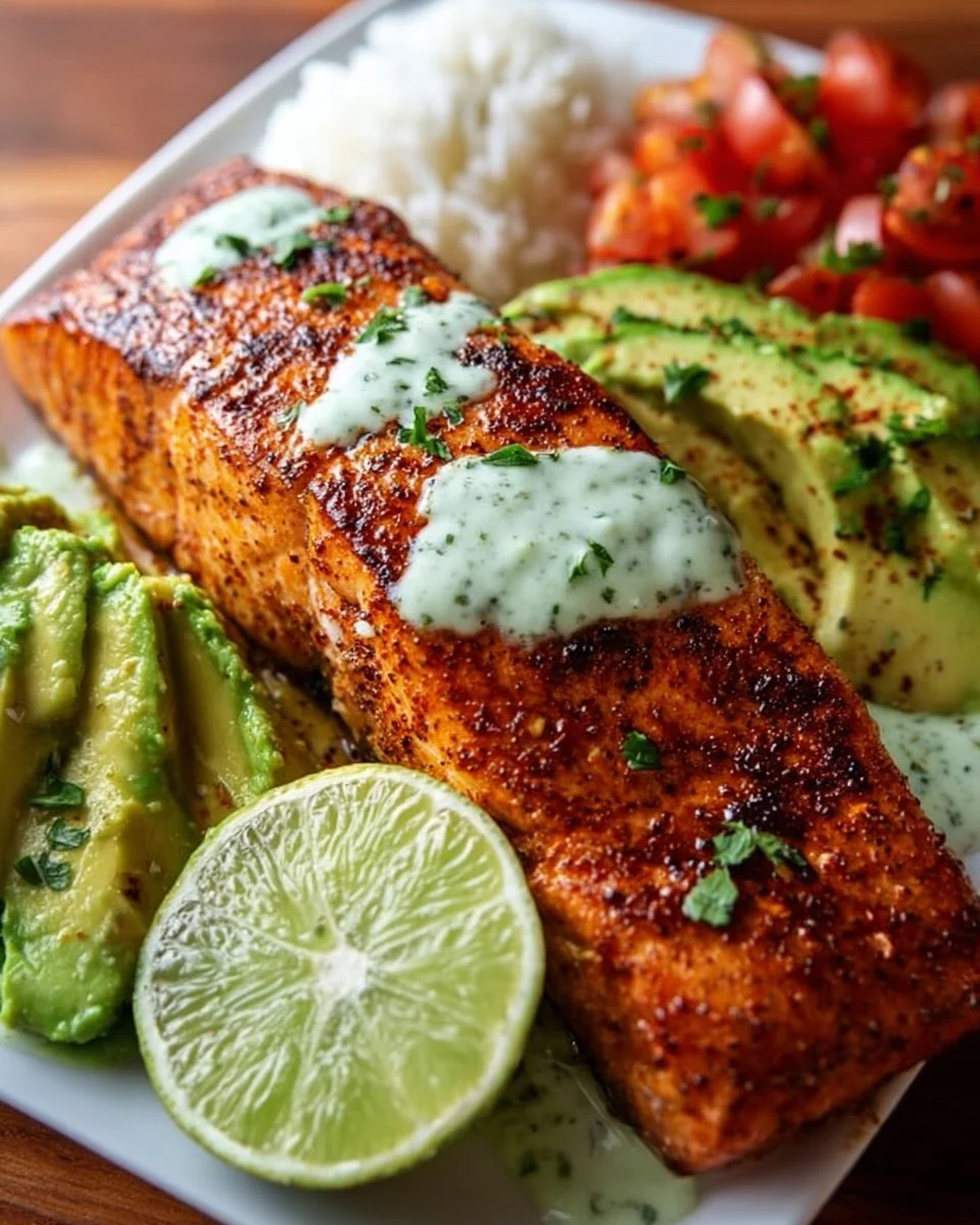Quick Baked Cajun Salmon with Avocado Lime Sauce