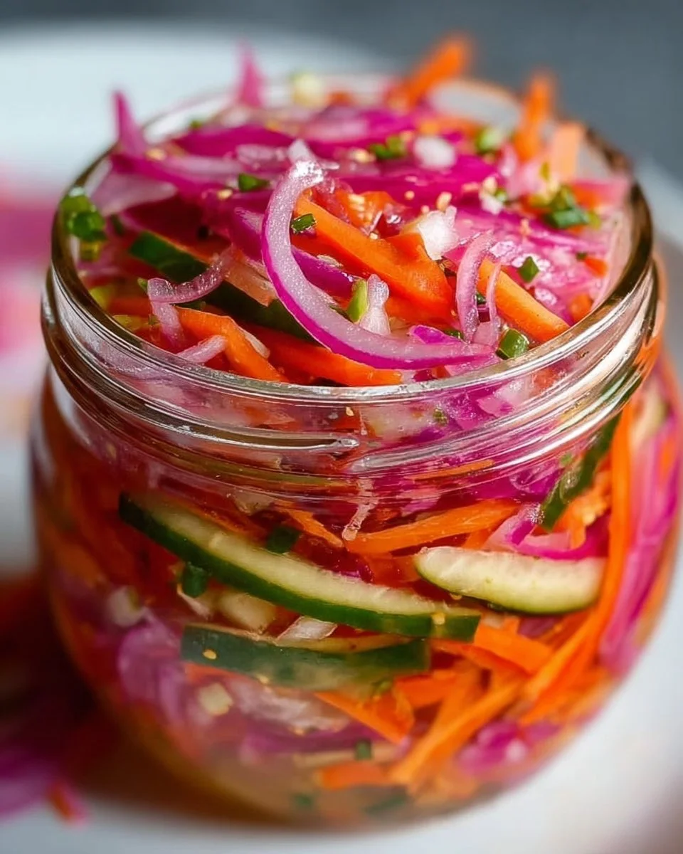 Quick fridge pickled vegetables in colorful jars with fresh herbs.