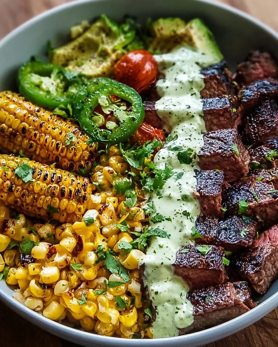 Steak, Avocado, and Roasted Corn Bowl with Cilantro Cream Sauce