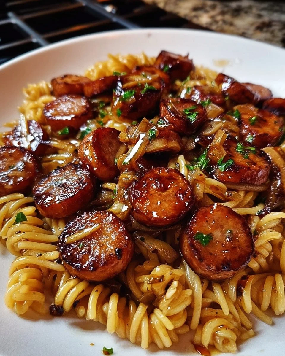 Sticky Honey Garlic Sausage Pasta Skillet
