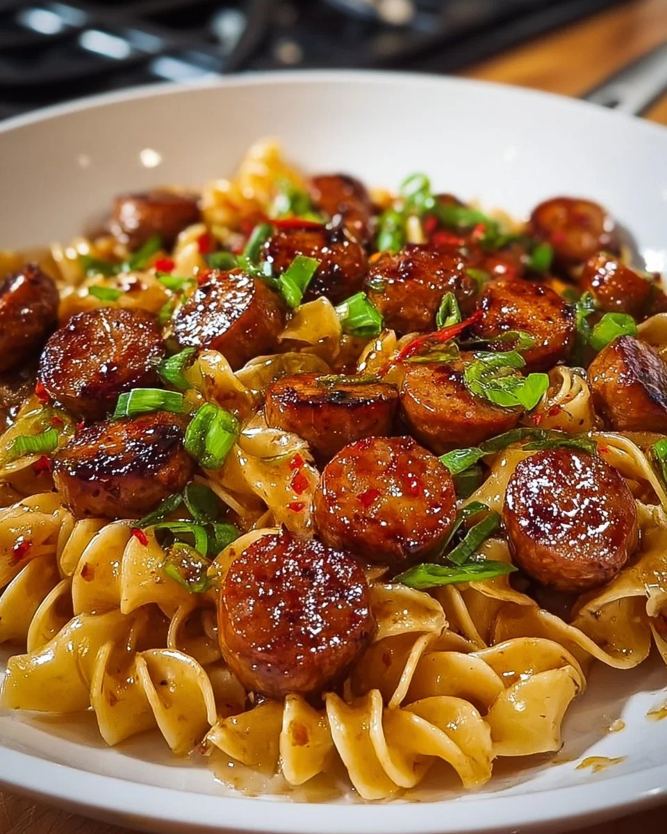 Sticky Honey Garlic Sausage Pasta Skillet