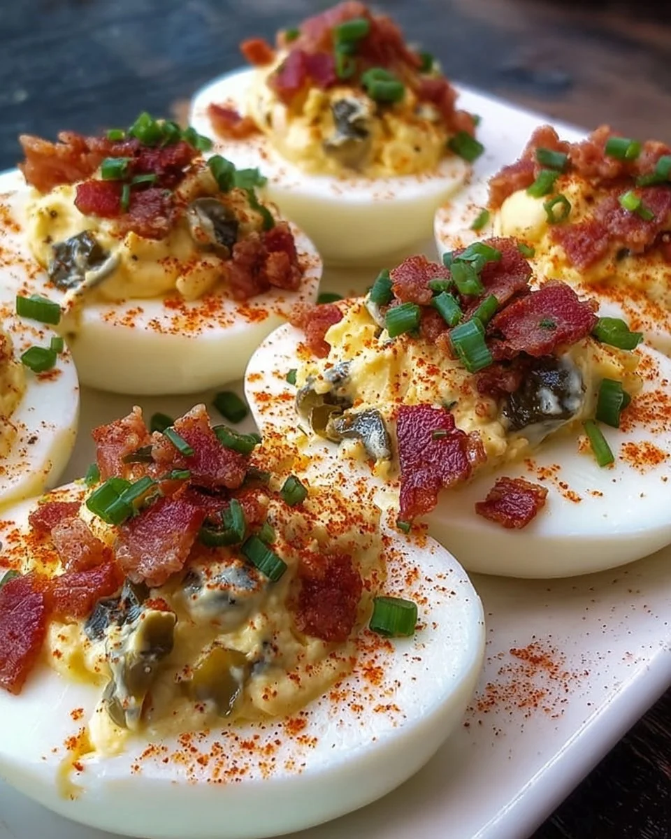 Delicious jalapeño popper smoked eggs on a plate, perfect for brunch.