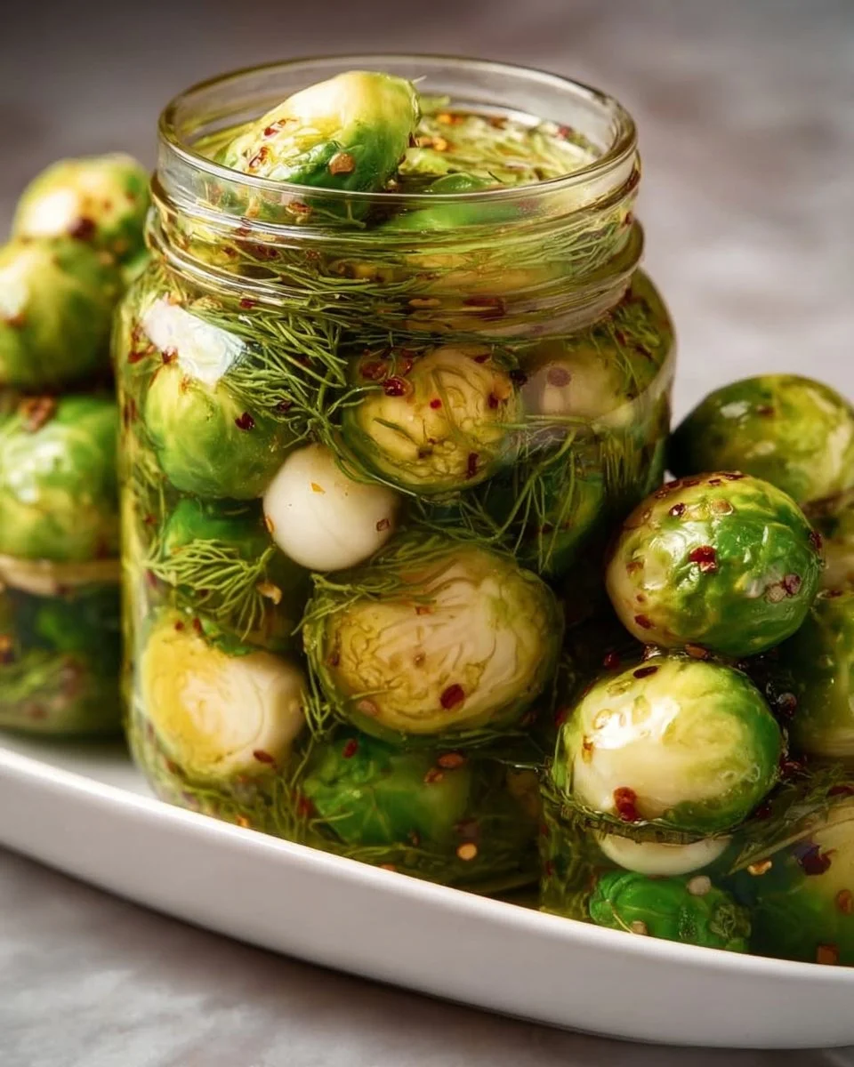 Jar of homemade pickled Brussels sprouts with spices and herbs