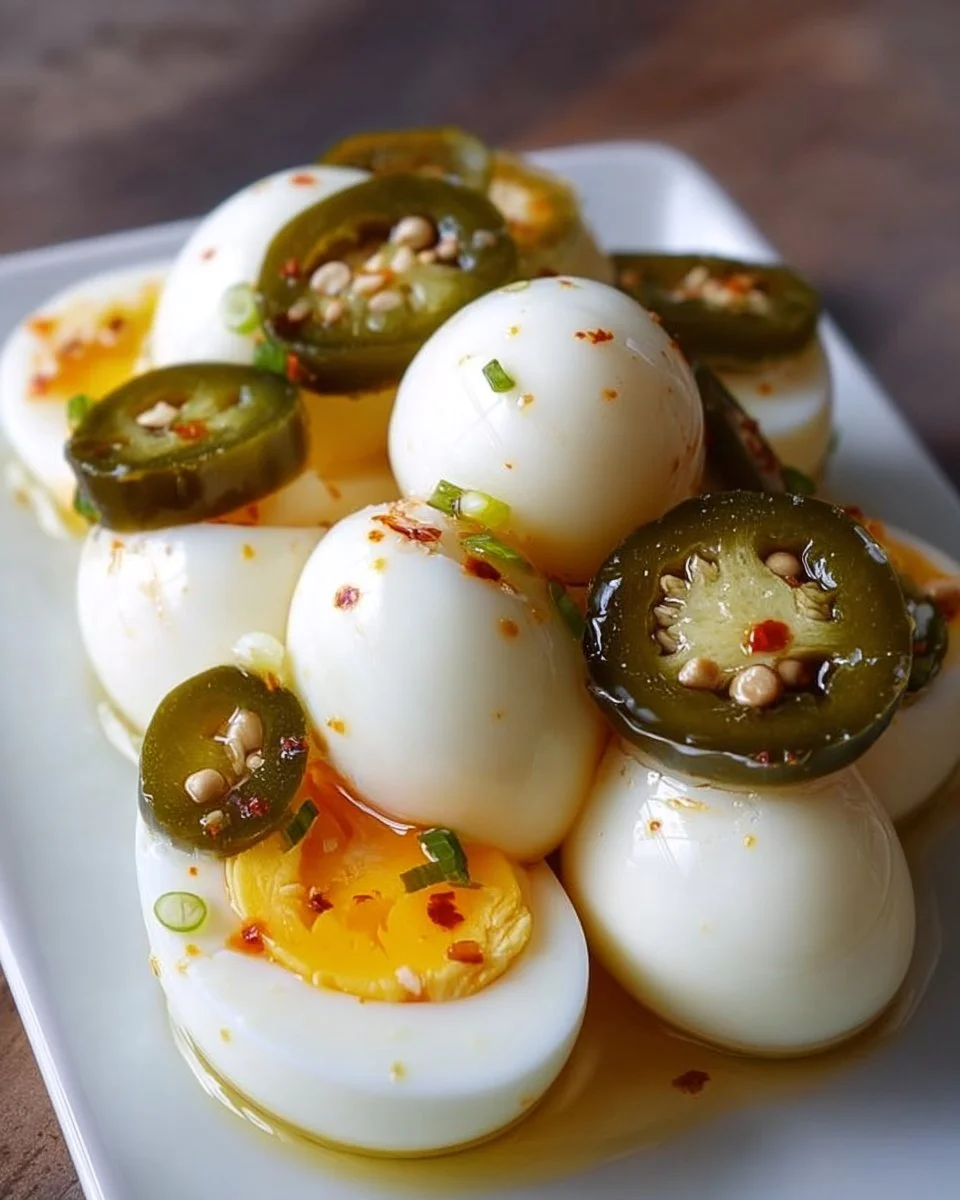 Spicy jalapeno pickled eggs in a jar, ready to enjoy as a delicious snack.