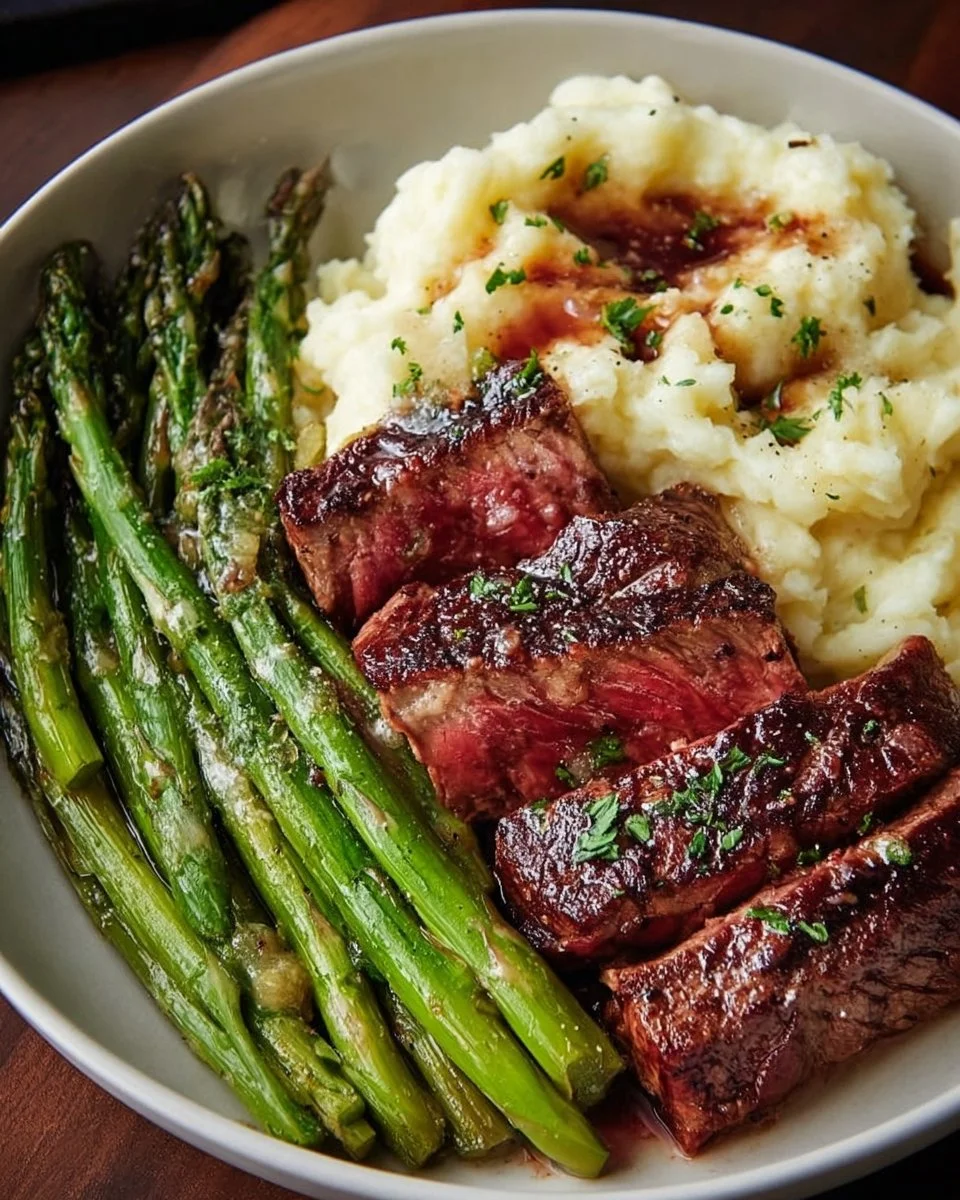 Easy Gourmet Steak with Mashed Potatoes and Asparagus