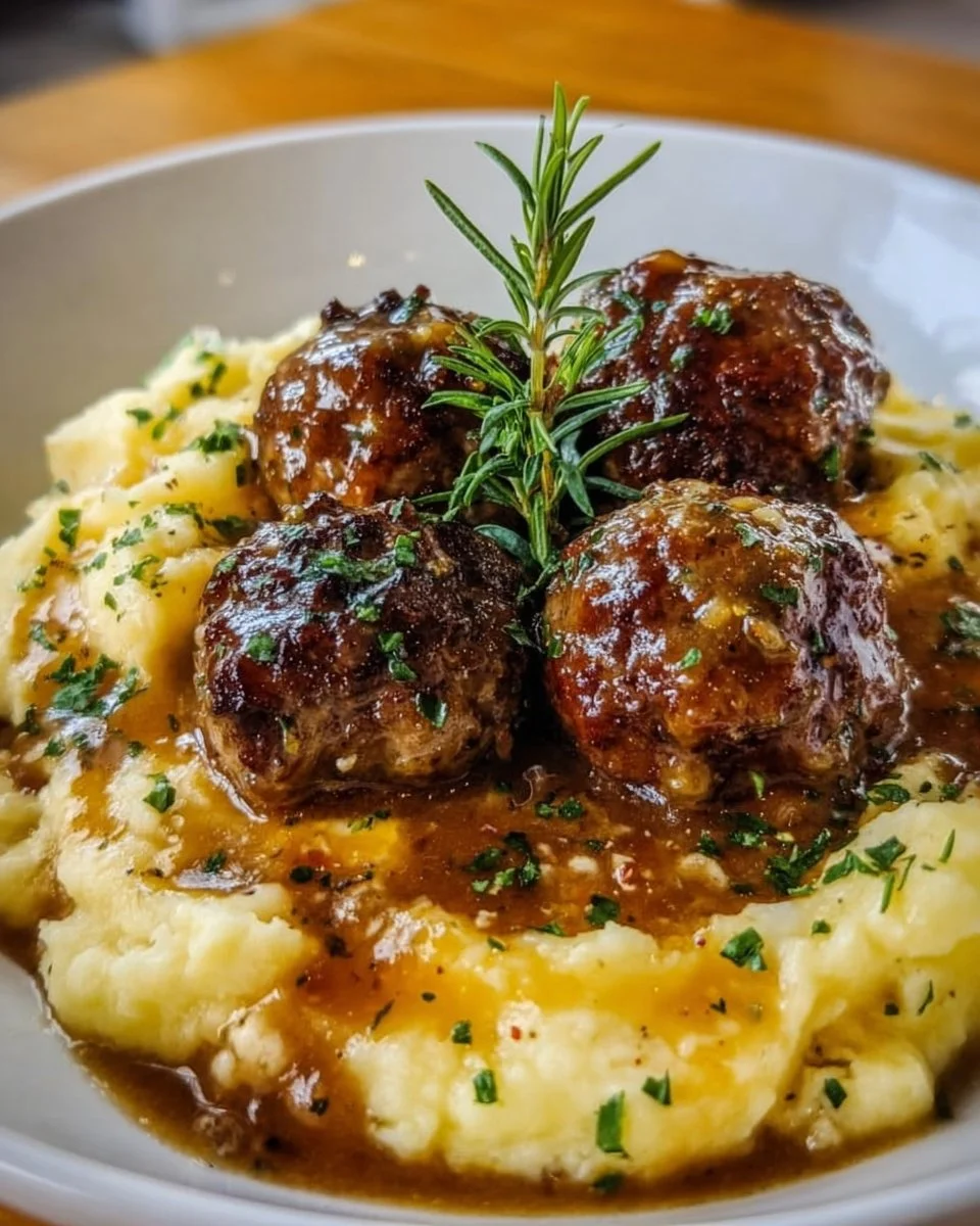 Salisbury Steak Meatballs with Garlic Herb Mashed Potatoes