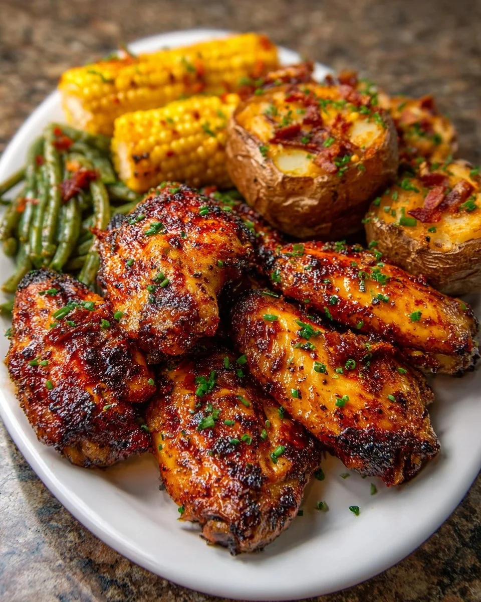 Southern-Style Grilled Chicken Wings with Loaded Baked Potato